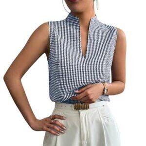 Women’s Black Plaid V-Neck Sleeveless Blouse Summer Casual Tank Top